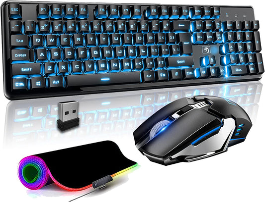 FELICON Rechargeable Wireless Gaming Keyboard and Mouse Combo & Lager Mouse Pad kit ,Mechanical Feel 104 Keys,
