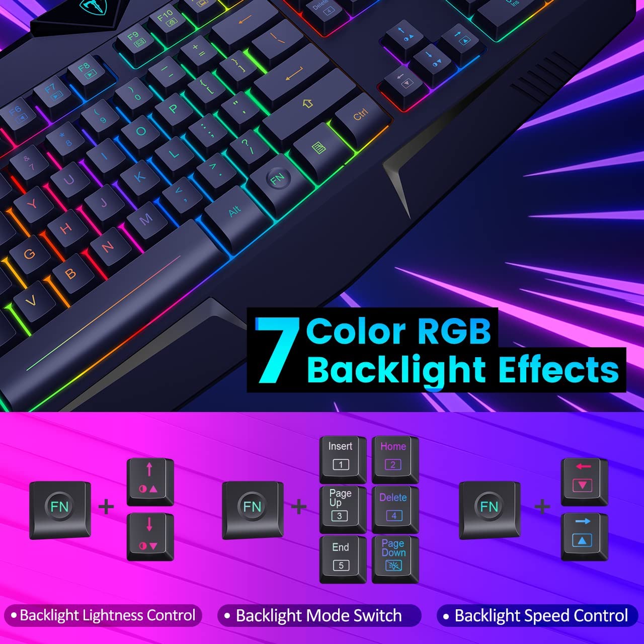 Gaming Keyboard, Dacoity Full Size Rainbow LED Backlit Quiet Computer Keyboard