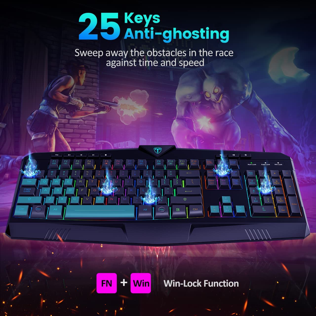 Gaming Keyboard, Dacoity Full Size Rainbow LED Backlit Quiet Computer Keyboard