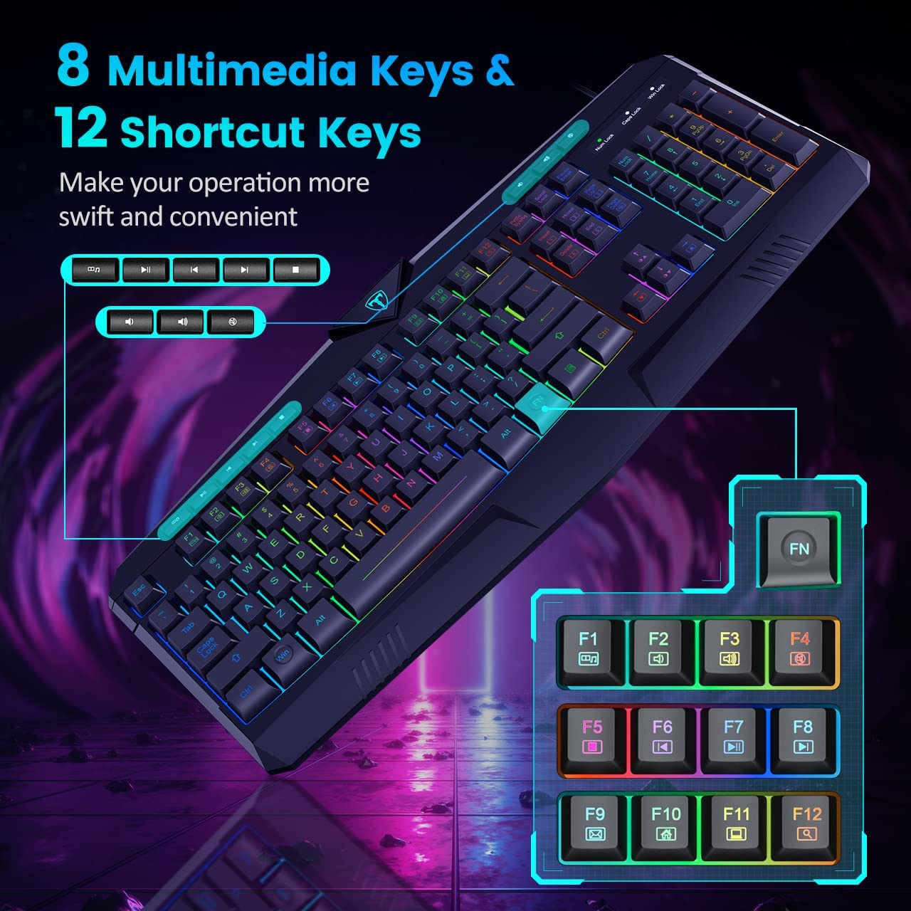 Gaming Keyboard, Dacoity Full Size Rainbow LED Backlit Quiet Computer Keyboard