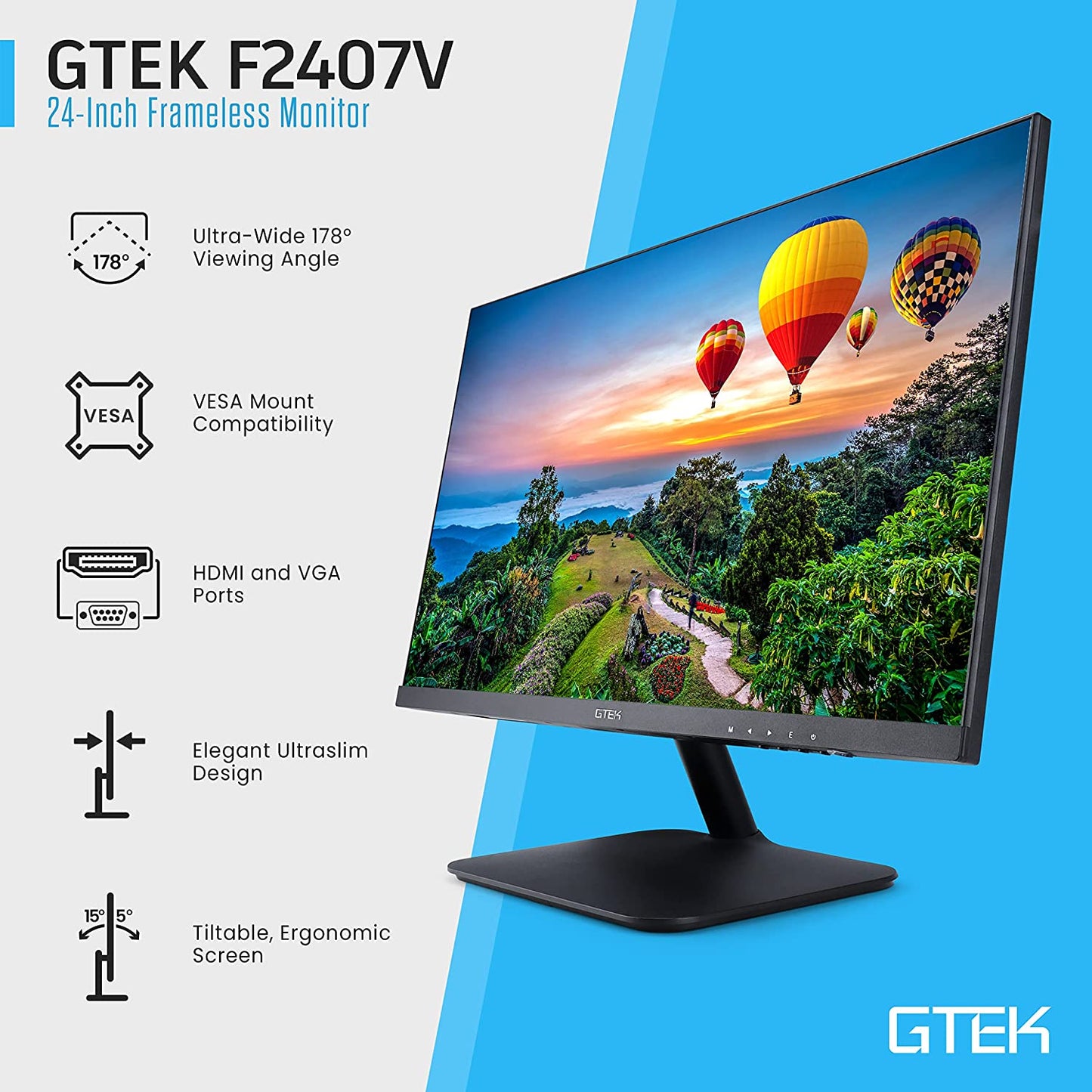 GTEK 24 Inch 75Hz Frameless Computer Monitor, FHD 1080p LED Display, LCD Screen