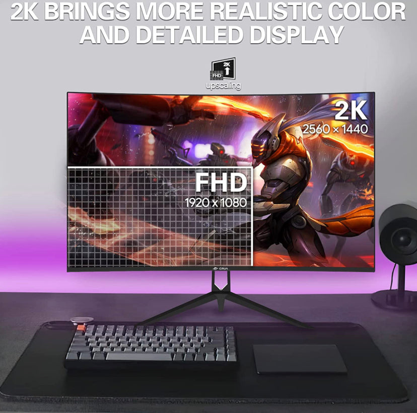 CRUA 27" Curved Gaming Monitor, QHD(2560x1440P)2K 144HZ