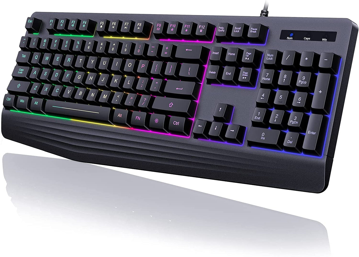 Yesbeaut Gaming Keyboard, 7-Color Rainbow LED Backlit, 104 Keys Quiet Light Up Keyboard
