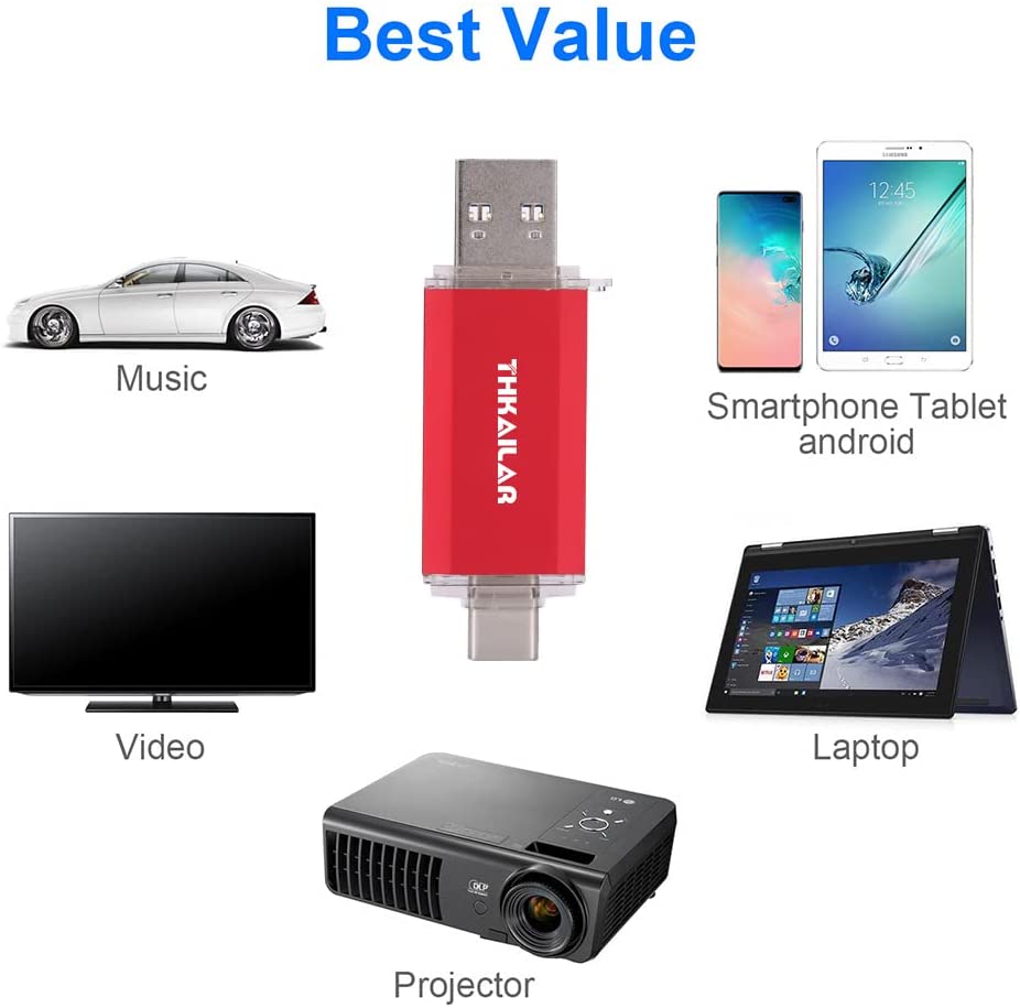 THKAILAR USB-C Flash Drive- 32 GB 64GB 128GB 256GB 512GB 1TB OTG High Speed for Store Data- USB 3.0 Red