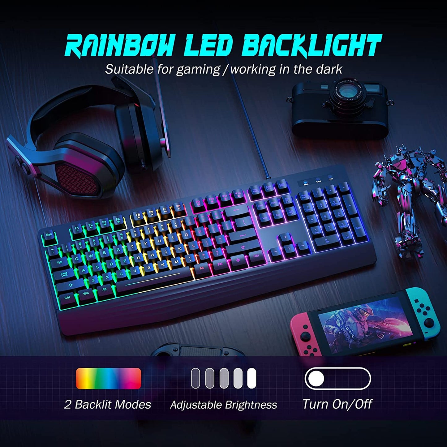 Yesbeaut Gaming Keyboard, 7-Color Rainbow LED Backlit, 104 Keys Quiet Light Up Keyboard