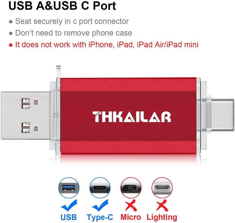 THKAILAR USB-C Flash Drive- 32 GB 64GB 128GB 256GB 512GB 1TB OTG High Speed for Store Data- USB 3.0 Red