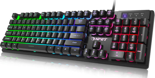 NPET K10 Gaming Keyboard USB Wired Floating Keyboard, Quiet Ergonomic Water-Resistant Mechanical Feeling Keyboard